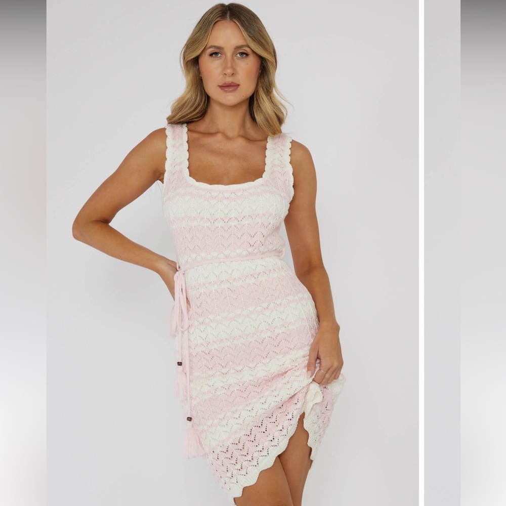 Seashell chic knit pink blush stripe crochet dress